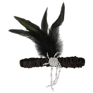Charleston hoofdband - met pauwen veer en kraaltjes - zwart - dames - jaren 20 thema
