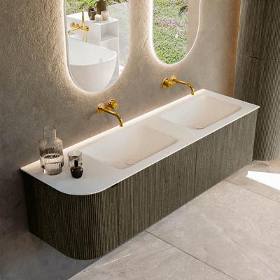 Badmeubel Mondiaz Kurve | 155 cm | Meubelkleur Shadow | Wastafelkleur Talc | Solid surface | Dubbel / Rechts spoelbak | Zonder kraangat(en) Badmeubel Mondiaz Kurve | 155 cm | Meubelkleur Shadow | Wastafelkleur Talc | Solid surface | Dubbel / Rechts spoelbak | Zonder kraangat(en)