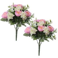 2x Roze hortensia/ranonkel Hydrangea/Ranunculus mix boeketten kunstbloemen 35 cm