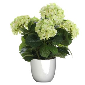 Hortensia kunstplant/kunstbloemen 45 cm - groen - in pot wit