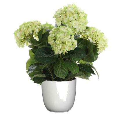 Hortensia kunstplant/kunstbloemen 45 cm - groen - in pot wit