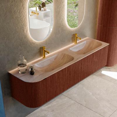 Badmeubel Mondiaz Kurve-Dlux | 175 cm | Meubelkleur Ruby | Wastafelkleur Saba | Solid surface | Dubbel / Rechts spoelbak | 2 kraangaten