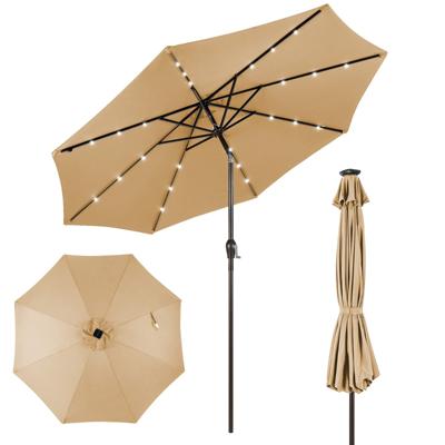 3 m Patio Parasol Zonne-Energie Paraplu met 24 LED-verlichting Marktparaplu UV-Bescherming Buitenparasol voor Tuin Beige Geen Parapluvoet