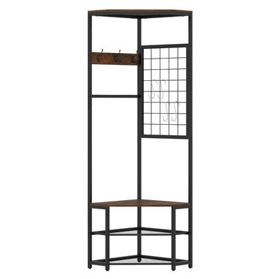 3-in-1 Hoekkapstok Kledingrek op Voet met 2 Schoenenplanken Haken Anti-kantelsets Industriële Halmeubel 49 x 49 x 171 cm