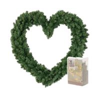 Kerstversiering kerstkrans hart groen 50 cm inclusief verlichting   -