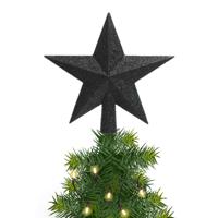 Decoris kerstboom piek - 1x - ster vorm - zwart - glitter - 19 cm - kunststof - kerstpiek