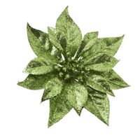 1x stuks decoratie bloemen kerstster groen glitter op clip 18 cm - thumbnail