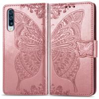 Butterfly Love bloemen reliëf horizontale Flip lederen case voor Galaxy A50 met houder & kaartsleuven & portemonnee & Lanyard (Rose goud)
