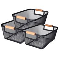 Opbergmand - 3x - met handgrepen - zwart - metaal - 31 x 22 x 14 cm - draadmand