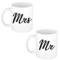Mrs and Mr bruiloft / bruidspaar cadeau koffiemok / theebeker wit 300 ml   - - thumbnail