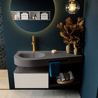 MONDIAZ RIVA 120cm badmeubel onderkast / planchet kleur Linen met 1 lade. Wastafel DULCET links 1 kraangat kleur Dark_Grey. MONDIAZ RIVA 120cm badmeubel onderkast / planchet kleur Linen met 1 lade. Wastafel DULCET links 1 kraangat kleur Dark_Grey.