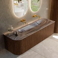 Badmeubel Mondiaz Kurve-Dlux | 145 cm | Meubelkleur Walnut | Wastafelkleur Sombra | Solid surface | Wasbak rechter zijde spoelbak | Zonder kraangat(en)