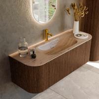 Badmeubel Mondiaz Kurve-Dlux | 130 cm | Meubelkleur Walnut | Wastafelkleur Arena | Solid surface | Wasbak midden spoelbak | 1 kraangat