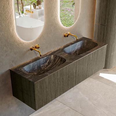 Badmeubel Mondiaz Kurve-Dlux | 150 cm cm | Meubelkleur Shadow | Wastafelkleur Lava | Solid surface | Wasbak beiden zijden spoelbak | Zonder kraangat(en)