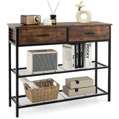 100cm Consoletafel met 2 Laden 3 Niveaus Houten Haltafel Bijzettafel met Metalen Frame met Anti-kantelbeveiliging Vintage/Bruin