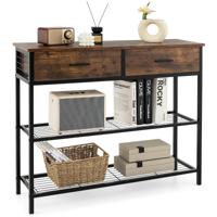 100cm Consoletafel met 2 Laden 3 Niveaus Houten Haltafel Bijzettafel met Metalen Frame met Anti-kantelbeveiliging Vintage/Bruin
