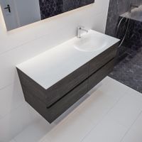 Mondiaz Vica Moon badmeubel eiken donker bruin 120 cm 4 lades solid surface enkele spoelbak rechts 1 kraangat