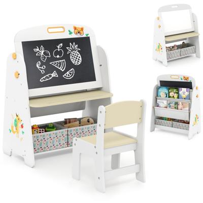 Kinderstaander met Stoel Kindertafel met Boekenrek & Magnetisch Krijtbord & Whiteboard Natuur