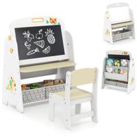 Kinderstaander met Stoel Kindertafel met Boekenrek & Magnetisch Krijtbord & Whiteboard Natuur