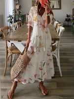 Casual Floral V Neck Short Sleeve Woven Dress - thumbnail