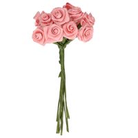 Decoratie roosjes satijn - bosje van 12 st - roze - 12 cm - hobby/DIY bloemetjes - thumbnail