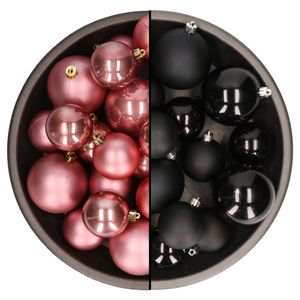 Kerstversiering kunststof kerstballen mix zwart/oud roze 4-6-8 cm pakket van 68x stuks