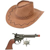 Carnaval verkleed hoed voor een cowboy - bruin - polyester - heren/dames - incl. pistool - thumbnail