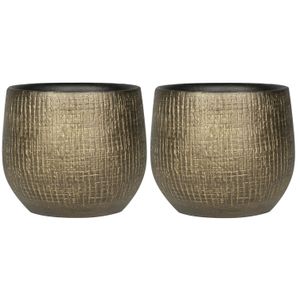 2x stuks plantenpotten/bloempotten in een strakke Modern design look metal goud Dia 18 cm en Hoogte