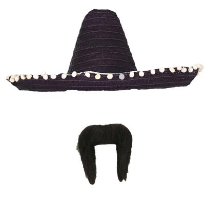 Carnaval verkleed set - Mexicaanse sombrero hoed met plaksnor - zwart - heren Carnaval verkleed set - Mexicaanse sombrero hoed met plaksnor - zwart - heren