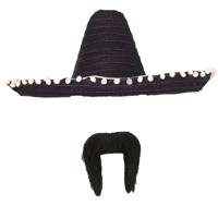 Carnaval verkleed set - Mexicaanse sombrero hoed met plaksnor - zwart - heren