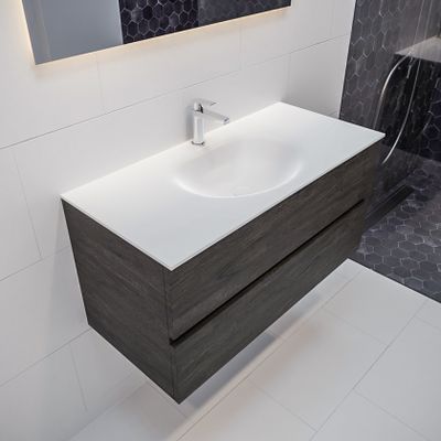 Mondiaz Vica Moon badmeubel eiken donker bruin 100 cm 2 lades solid surface enkele spoelbak midden 1 kraangat