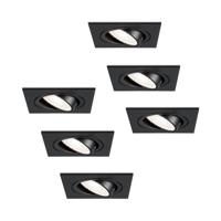 Set van 6 Mallorca LED inbouwspot - IP20 - Kantelbaar - 4 Watt 345 Lumen - 6500K Daglicht wit - GU10 - Dimbaar - Vierkant - Voor binnen - Zwart