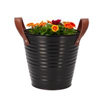 Plantenpot/bloempot emmer Leather - rond - zink - zwart - D16 x H15 cm - thumbnail