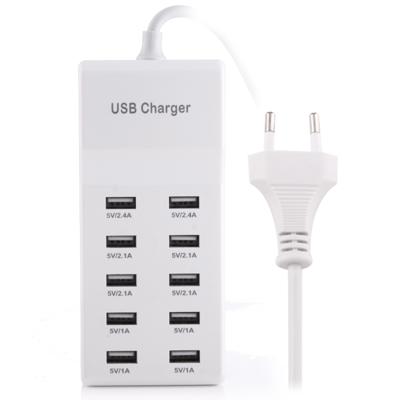 5V 2.4A/2.1A/1A 10-Port USB Laderadapter voor iPhone Galaxy Huawei Xiaomi LG HTC en andere Smartphones oplaadbare apparaten EU Plug(White)