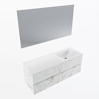 MONDIAZ VICA 130cm badmeubel onderkast Carrara 2 lades. Wastafel CLOUD rechts zonder kraangat, kleur Talc met spiegel LED.