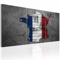 Schilderij - Alles over Frankrijk,  3luik , blauw wit rood , premium print op canvas