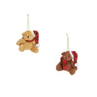2x Kersthangers knuffelbeertjes beige en bruin met gekleurde sjaal en muts 7 cm - Kersthangers