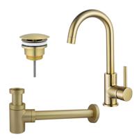 Fortifura Calvi Wastafelkraanset - hoge wastafelkraan - draaibare uitloop - always open plug - verlaagde design sifon - Geborsteld Messing PVD (Goud) SW809349/SW696208/SW696218 Fortifura Calvi Wastafelkraanset - hoge wastafelkraan - draaibare uitloop - always open plug - verlaagde design sifon - Geborsteld Messing PVD (Goud) SW809349/SW696208/SW696218