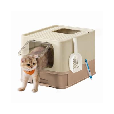 Kattenbak met deksel en 2 openingen, zandbeige-karamelbruin