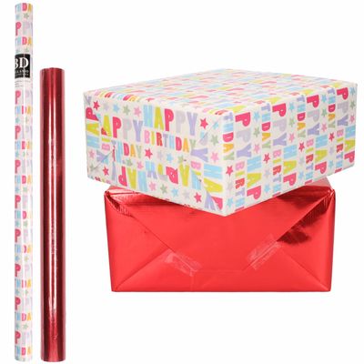 4x Rollen kraft inpakpapier happy birthday pakket - metallic rood 200 x 70/50 cm