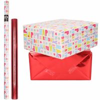 4x Rollen kraft inpakpapier happy birthday pakket - metallic rood 200 x 70/50 cm - thumbnail