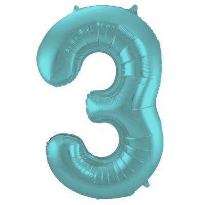Folieballon Pastel Aqua Metallic Mat Cijfer 3 - 86cm