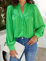 Stand Collar Plain Casual Blouse - thumbnail