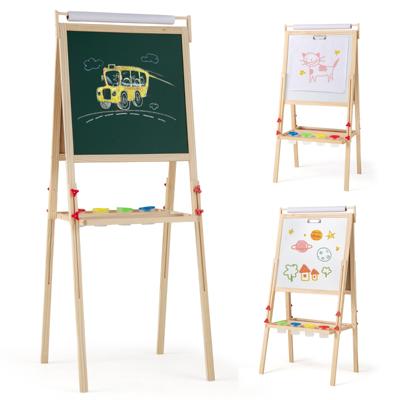 3-In-1 Schoolbord voor Kinderen Dubbelzijdig Kinderbord Papierrol en 4 Gekleurde Bekers Ezel Staand Bord voor Kinderen 3+