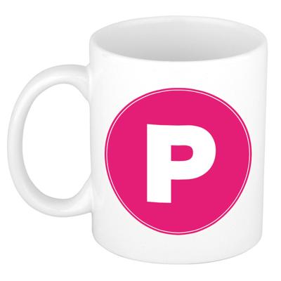 Koffie mok met de letter P - beker - roze - eerste letter van een voornaam - wit - 300 ml