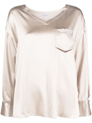 Brunello Cucinelli blouse en soie à col v - Tons neutres