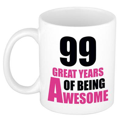 Verjaardag 99 jaar Koffiemok Cadeau - Great years of being awesome - wit/roze - voor dames Verjaardag 99 jaar Koffiemok Cadeau - Great years of being awesome - wit/roze - voor dames