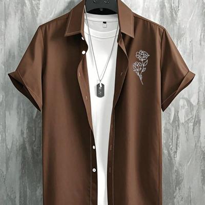 Manfinity Homme Men's Floral Rose Print Short Sleeve Button Shirt Coffee Brown / L