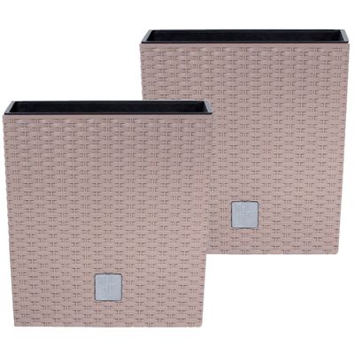 Set van 2x stuks kunststof Rato rotan bloempotten/plantenpotten met binnenpot taupe 32 cm