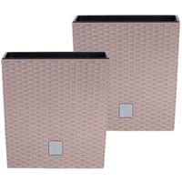 Set van 2x stuks kunststof Rato rotan bloempotten/plantenpotten met binnenpot taupe 32 cm